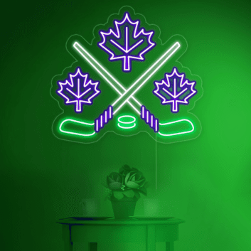 Ahornblatt und gekreuzte Eishockeyschläger LED-Neonschild Sportbar Freizeitraum