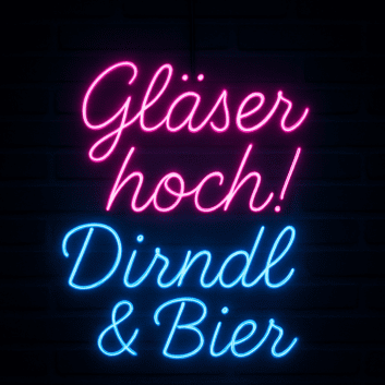 Gläser hoch! Dirndl & Bier LED-Neonschild für Oktoberfest Bar