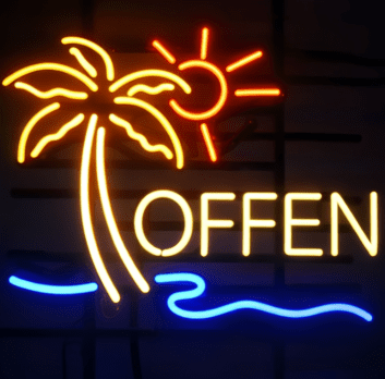 OFFEN LED-Neonschild mit Palme für Geschäfte und Cafés