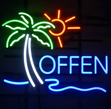 OFFEN LED-Neonschild mit Palme für Geschäfte und Cafés
