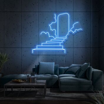 Treppe zu einer Tür mit Wolken LED-Neonschild Wohnzimmer Lounge