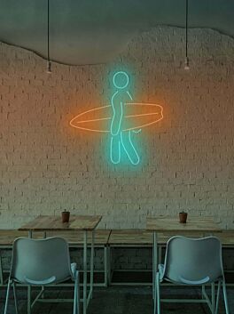 Surfer mit Surfbrett als LED-Neonschild