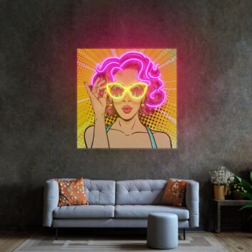 Frau mit pinken Haaren im Pop-Art Stil LED-Neonschild für Wohnzimmer Kunstgalerie