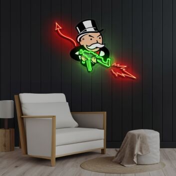 Comicfigur mit Maschinengewehr und Teufelsschwanz LED-Neonschild für Gamingzimmer