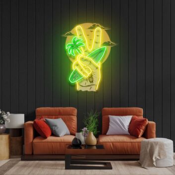 Hand mit Peace-Zeichen und Surfbrett vor Sonne LED-Neonschild Wohnzimmer Surfshop