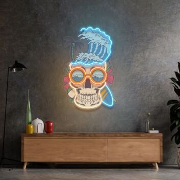Surf-Totenschädel mit Welle als LED-Neonschild