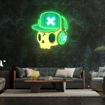 Totenkopf mit Basecap und Kopfhörern LED-Neonschild für Gamingzimmer