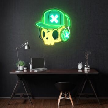 Totenkopf mit Basecap und Kopfhörern LED-Neonschild für Gamingzimmer