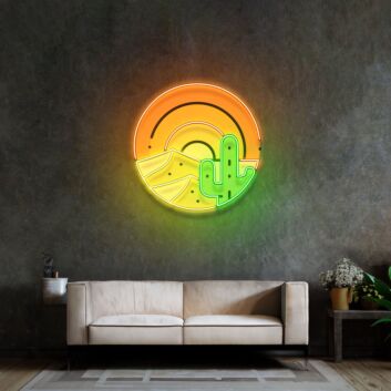 Kaktus mit Sonnenuntergang und Wüstenlandschaft LED-Neonschild Wohnzimmer Bar