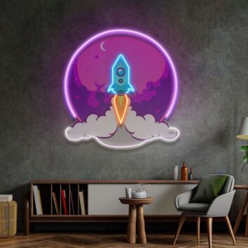 Rakete vor Mond LED-Neonschild Wohnzimmer Kinderzimmer