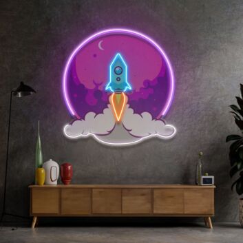 Rakete vor Mond LED-Neonschild Wohnzimmer Kinderzimmer