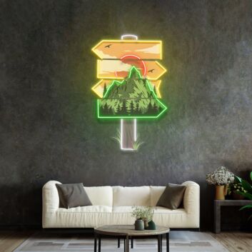 Wegweiser mit Berglandschaft und Sonnenuntergang LED-Neonschild für Wohnzimmer Flur