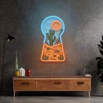 Wüstenlandschaft mit Kaktus im Schlüsselloch LED-Neonschild Wohnzimmer Dekoration