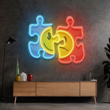 Puzzle mit Smiley und traurigem Gesicht LED-Neonschild Wohnzimmer Büro