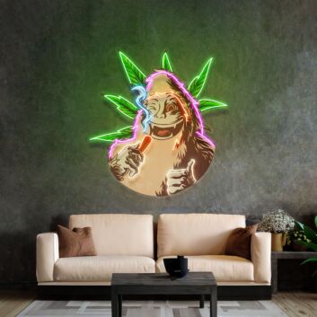Lachender Affe mit Cannabisblättern und Joint LED-Neonschild für Bar Club