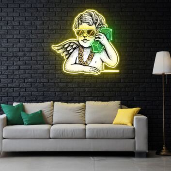 Engel mit Geldscheinen und Halskette LED-Neonschild für Wohnzimmer Lounge