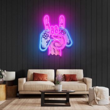 Hand mit Gamecontroller Rockgeste LED-Neonschild Gaming Zimmer Wohnzimmer