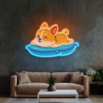 schlafender Corgi auf Kissen LED-Neonschild Wohnzimmer Kinderzimmer
