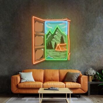 Berglandschaft mit Zelt und offenem Fenster LED-Neonschild Wohnzimmer Campingplatz