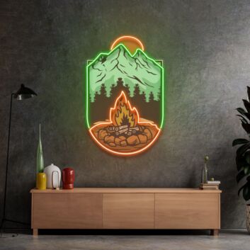 Lagerfeuer vor Bergkulisse LED-Neonschild für Wohnzimmer und Campingplatz