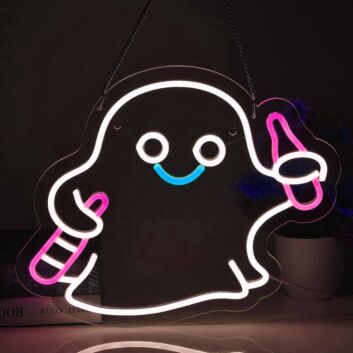 Verspieltes LED Neonschild mit freundlich lächelndem Geist und Getränk Motiv als auffällige Neon Wanddekoration für Bar Partyraum Wohnzimmer oder kreative Einrichtung