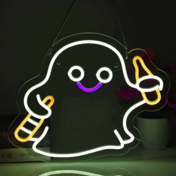 Verspieltes LED Neonschild mit freundlich lächelndem Geist und Getränk Motiv als auffällige Neon Wanddekoration für Bar Partyraum Wohnzimmer oder kreative Einrichtung