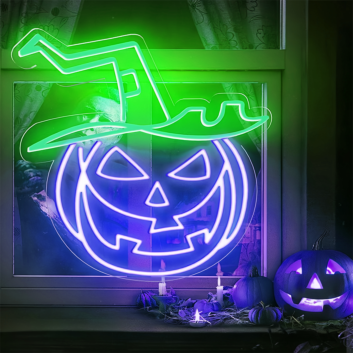LED Neonschild mit lachendem Halloween Kürbis und Hexenhut Motiv als stimmungsvolle Wanddekoration für Herbst und Halloween Party