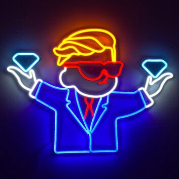 Dekoratives LED Neonschild mit abstrakter Figur und symbolischem Handmotiv als auffällige Wanddekoration für moderne Innenräume