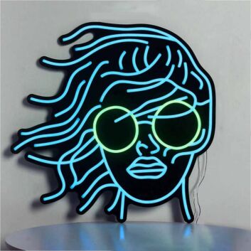 Abstraktes LED Neonschild mit stilisierter Frauenfigur und runder Sonnenbrillenform als modernes Wandkunstobjekt für zeitgemäße Innenräume