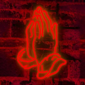 Abstraktes LED Neonschild mit stilisierten Händen als beruhigende Wanddekoration für Massagepraxis Wellnessbereich und moderne Räume