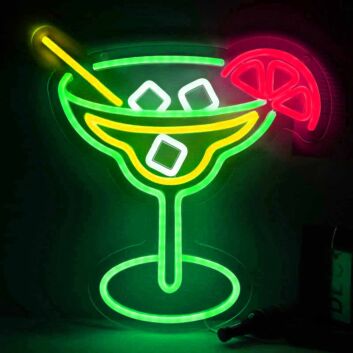 Cocktailglas mit Eiswürfeln und Zitronenscheibe LED-Neonschild für Bar Party