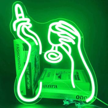 Stimmungsvolles LED Neonschild mit abstraktem Hände und Glas Motiv als moderne Wandbeleuchtung für Bar Wohnzimmer oder Lounge