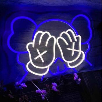 Modernes LED Neonschild mit abstraktem Bärenmotiv und symbolischen Handgesten als dekorative Wandbeleuchtung