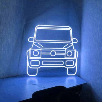 LED Neonschild mit frontaler Geländewagen Silhouette und klarer Fahrzeug Linienführung als moderne Wandbeleuchtung