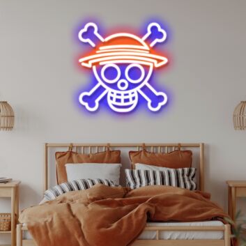 Leuchtendes Totenkopf Neonschild mit Strohhut und gekreuzten Knochen LED Wanddeko im Cartoon Stil für Gaming Zimmer und Bar