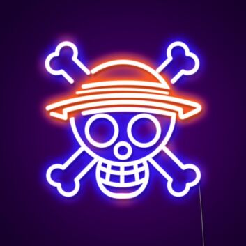 Leuchtendes Totenkopf Neonschild mit Strohhut und gekreuzten Knochen LED Wanddeko im Cartoon Stil für Gaming Zimmer und Bar