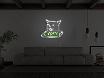 weiße Katze mit Salatteller LED-Neonschild Wohnzimmer Cafe