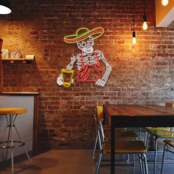 Mexikanisches Skelett mit Sombrero LED Neonschild im farbenfrohen Party Stil