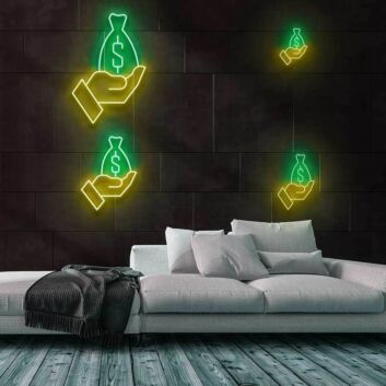 Hand mit Geldsack LED-Neonschild für Büro und Geschäft