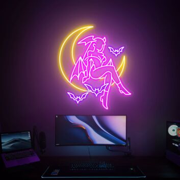 Fledermaus-Dämonin auf Halbmond LED-Neonschild Gaming Zimmer