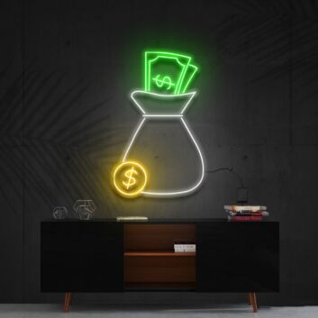 Geldsack mit Münze und Geldscheinen LED-Neonschild für Büro Arbeitszimmer
