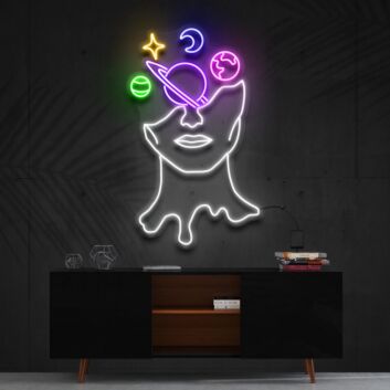Gesicht mit Planeten und Mondsymbolen LED-Neonschild Wohnzimmer Studio