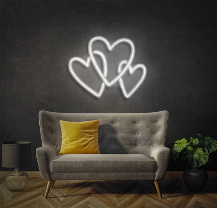 Light Up Your Special Moments: Three Love Heart LED Neon Sign Perfect for Weddings, Anniversaries, and Romantic Home Decor.