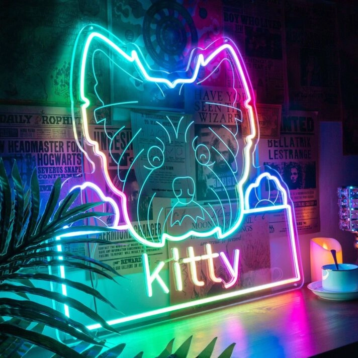 Add a Whimsical Touch to Your Home Decor, Office Space, or Next Event with the Colorful Neon Cat Dog Image Name Personalized Neon Sign.