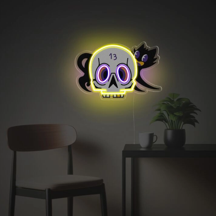Add a hauntingly stylish touch to your home, bar, or Halloween party with Human Skull Head With Black Hat LED Neon Acrylic Artwork.
