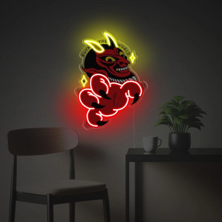 Transform Your Space: Red Evil With Yellow Corns LED Neon Acrylic Artwork for Bars, Gaming Rooms, and Eclectic Home Decor.