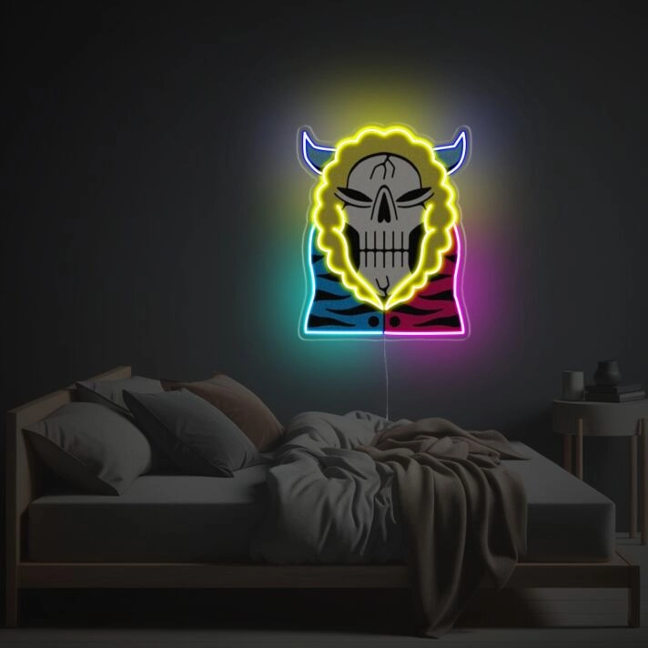 Revamp Your Bar or Game Room Aesthetics with the Eclectic Skull Man With Red And Blue Coat LED Neon Acrylic Artwork.