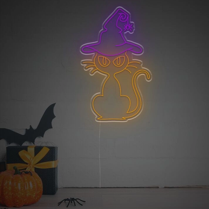 Spookify Your Space: Perfect for Home Decor, Halloween Parties, and Themed Events - Halloween Cat With Wizard Hat LED Neon Sign.