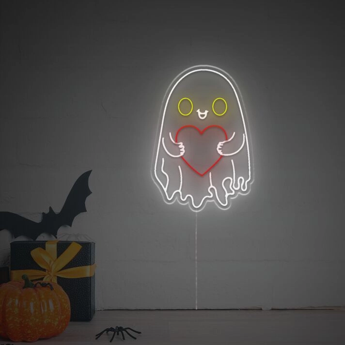Brighten Up Your Spooky Celebrations and Home Decor with the Halloween Cute Ghost Heart LED Neon Sign - Perfect for Parties, Bars, and Weddings!
