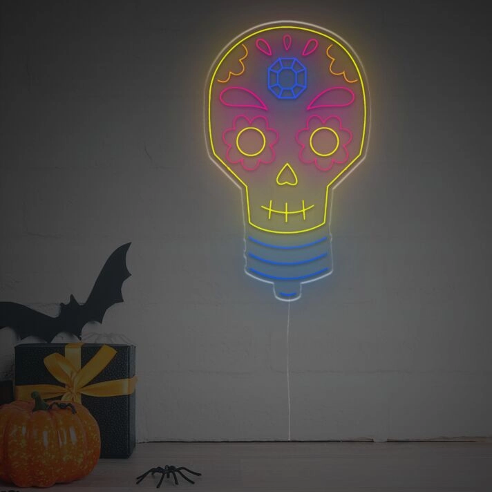 Halloween LED Neon Wandlicht Bunte Totenkopf Glühbirne Dekorative Leuchtende Wanddekoration für Halloween Party Wohnzimmer Bar und Saisonale Herbstdeko